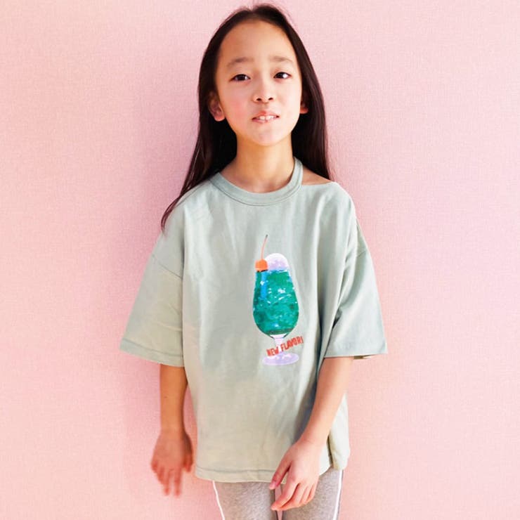 【ZI-ON×メール便送料無料】キッズTシャツ子供服半袖5分袖肩開き女の子ガールズビッグシルエットBIGプリントジュニアカジュアル韓国子供服110cm120cm130cm140cm150cm160cm「422-02」