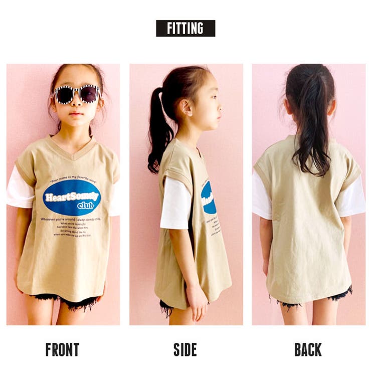 【ZI-ON×メール便送料無料】キッズTシャツ半袖子供服女の子ガールズビッグシルエットBIGレイヤード風重ね着プリントロゴジュニアカジュアル韓国子供服110cm120cm130cm140cm150cm160cm「232-02」