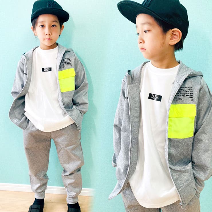 【ZI-ON×送料無料】キッズセットアップ上下セット子供服パーカージップパーカージップアップ長ズボンロングパンツジャージプリントロゴジュニアカジュアル110cm120cm130cm140cm150cm160cm「142-04」
