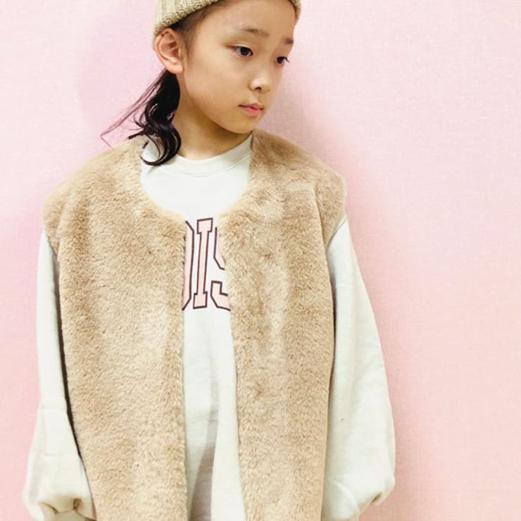 キッズフェイクファーベスト子供服重ね着袖なし羽織り無地防寒アウタージュニアカジュアル120cm130cm140cm150cm160cm「242-10」