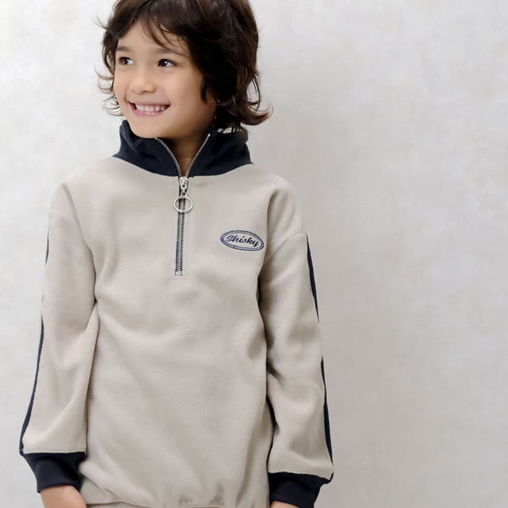 キッズトレーナーマイクロフリースハーフジップZIP子供服男の子女の子ライン刺繍ロゴビッグシルエットBIGジュニアカジュアルアメカジストリート110cm120cm130cm140cm150cm160cm「343-09」