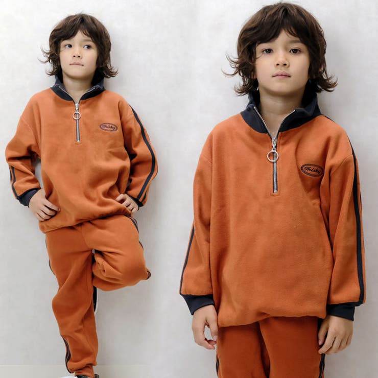 キッズトレーナーマイクロフリースハーフジップZIP子供服男の子女の子ライン刺繍ロゴビッグシルエットBIGジュニアカジュアルアメカジストリート110cm120cm130cm140cm150cm160cm「343-09」