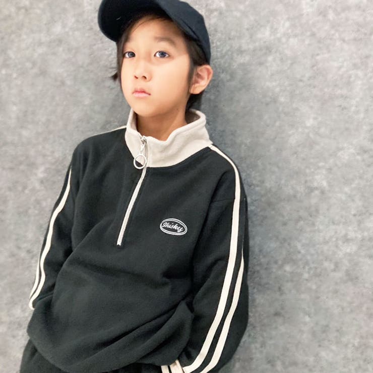 キッズトレーナーマイクロフリースハーフジップZIP子供服男の子女の子ライン刺繍ロゴビッグシルエットBIGジュニアカジュアルアメカジストリート110cm120cm130cm140cm150cm160cm「343-09」