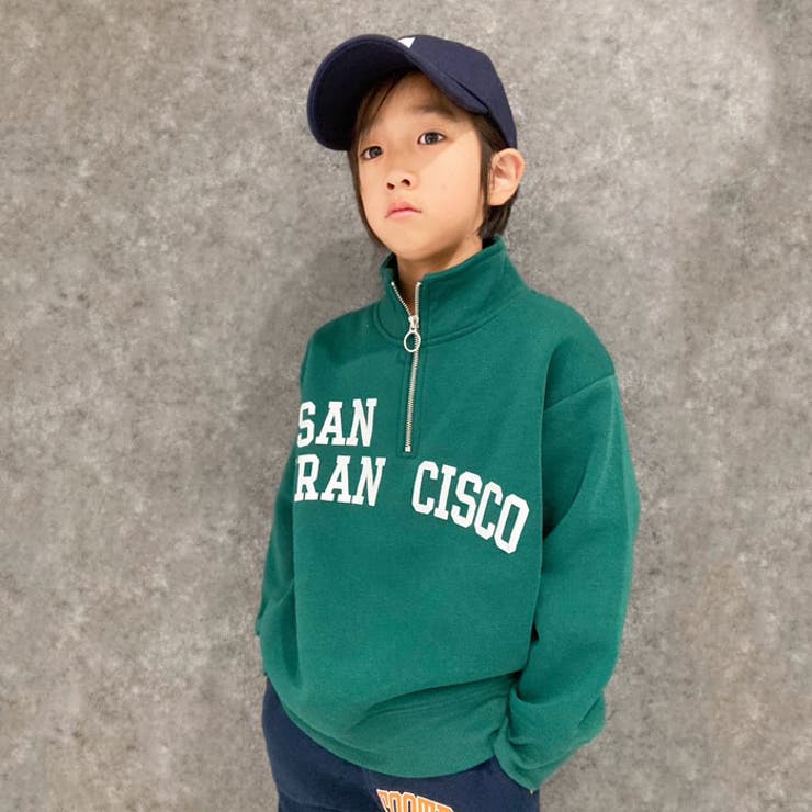 キッズトレーナートップス裏起毛タートルネックハイネックハーフジップZIP子供服男の子女の子ビッグシルエットBIGプリントロゴジュニアカジュアルアメカジストリート110cm120cm130cm140cm150cm160cm「543-113」