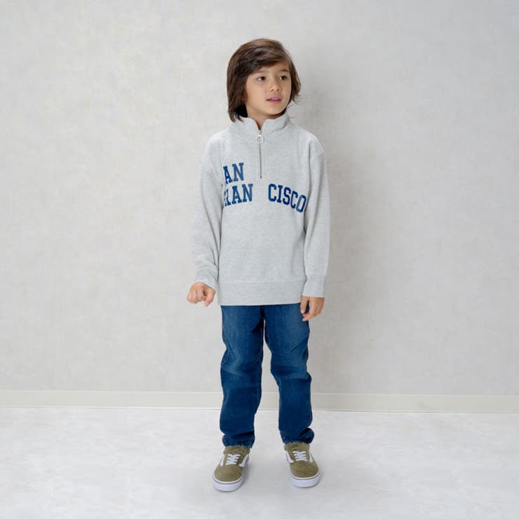 キッズトレーナートップス裏起毛タートルネックハイネックハーフジップZIP子供服男の子女の子ビッグシルエットBIGプリントロゴジュニアカジュアルアメカジストリート110cm120cm130cm140cm150cm160cm「543-113」