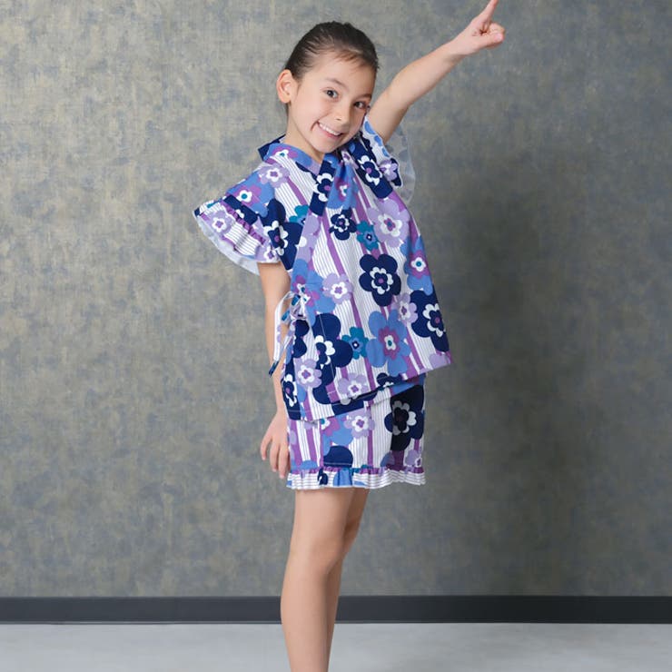 【送料無料】SHISKYICEFABRIC綿タッチ甚平キッズ子供服女の子ガールズ接触冷感SHISKYおしゃれお祭りイベント浴衣和服和装花柄総柄フリルジンベイセットアップ上下セット部屋着ジュニア夏物夏服110cm120cm130cm140cm150cm160cm「935-01」