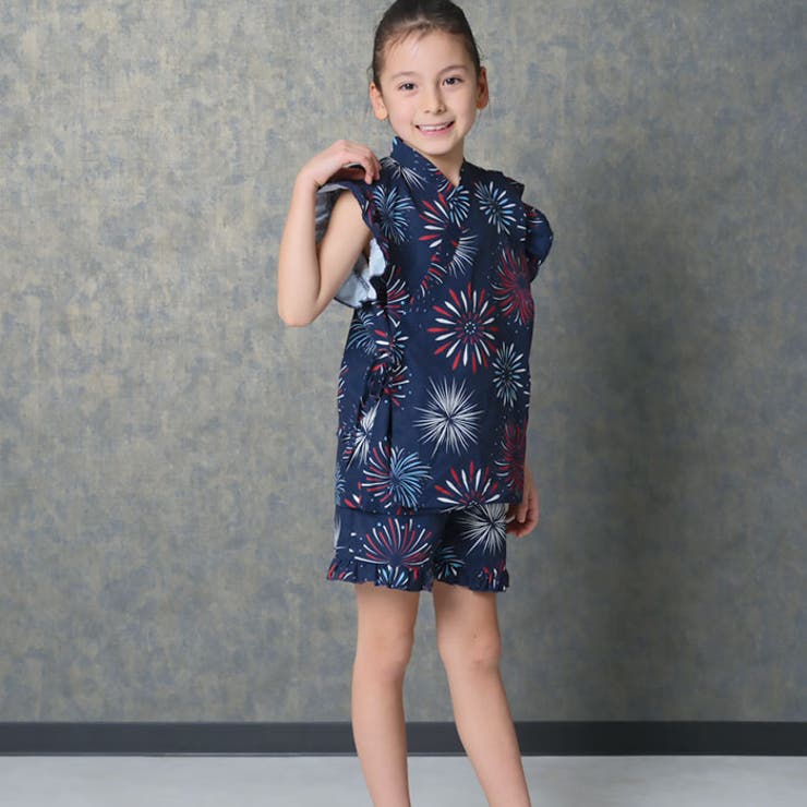 【送料無料】SHISKYICEFABRIC綿タッチ甚平キッズ子供服女の子ガールズ接触冷感SHISKYおしゃれお祭りイベント浴衣和服和装花柄総柄フリルジンベイセットアップ上下セット部屋着ジュニア夏物夏服110cm120cm130cm140cm150cm160cm「935-01」