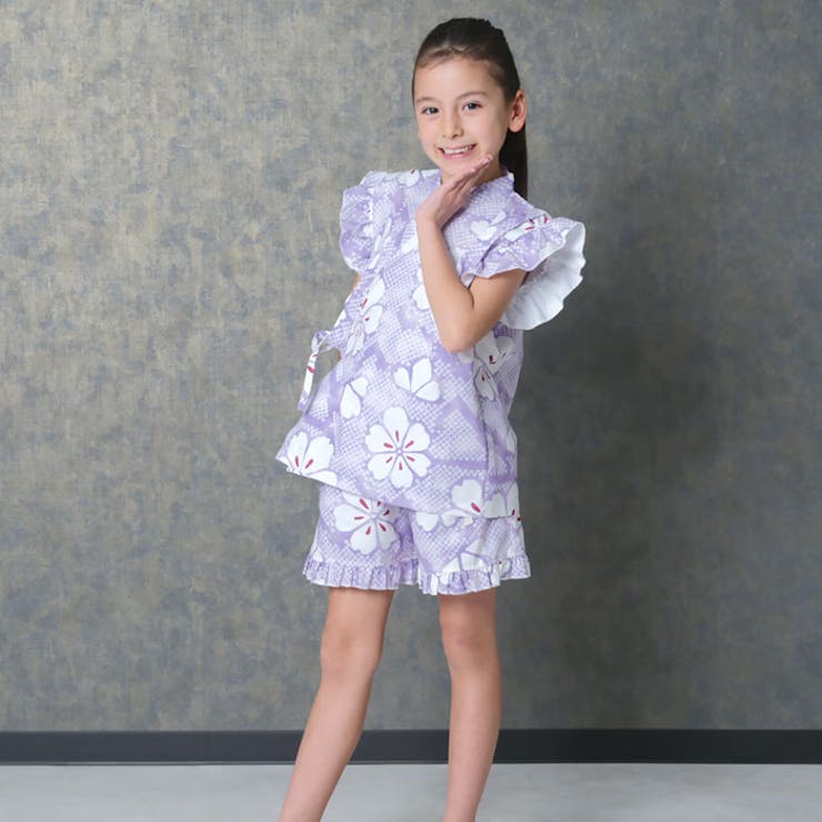 【送料無料】SHISKYICEFABRIC綿タッチ甚平キッズ子供服女の子ガールズ接触冷感SHISKYおしゃれお祭りイベント浴衣和服和装花柄総柄フリルジンベイセットアップ上下セット部屋着ジュニア夏物夏服110cm120cm130cm140cm150cm160cm「935-01」