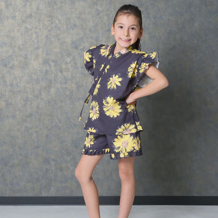【送料無料】SHISKYICEFABRIC綿タッチ甚平キッズ子供服女の子ガールズ接触冷感SHISKYおしゃれお祭りイベント浴衣和服和装花柄総柄フリルジンベイセットアップ上下セット部屋着ジュニア夏物夏服110cm120cm130cm140cm150cm160cm「935-01」