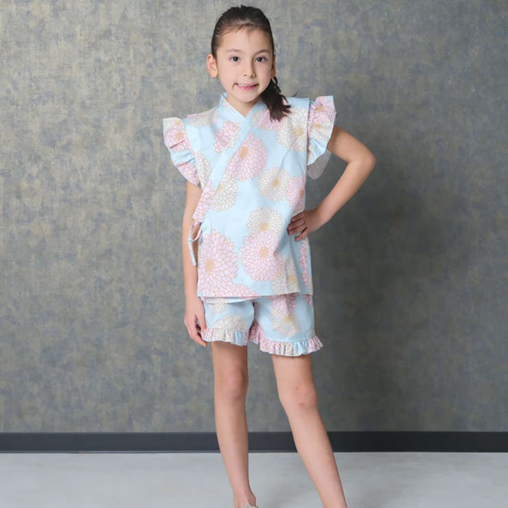 【送料無料】SHISKYICEFABRIC綿タッチ甚平キッズ子供服女の子ガールズ接触冷感SHISKYおしゃれお祭りイベント浴衣和服和装花柄総柄フリルジンベイセットアップ上下セット部屋着ジュニア夏物夏服110cm120cm130cm140cm150cm160cm「935-01」