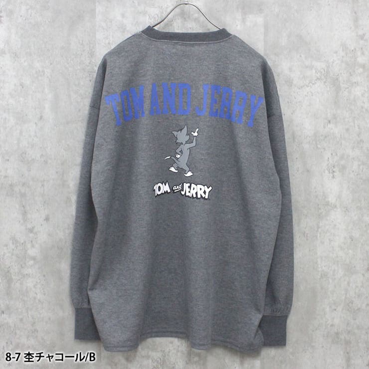 TOM&JERRYバックプリントBIGトレーナーメンズ長袖トップススウェットスエットプルオーバーキャラクタートムとジェリーゆるサイズビッグシルエット大きめゆったりプリントMENSアメカジカジュアルストリートMLXL「T43-101」