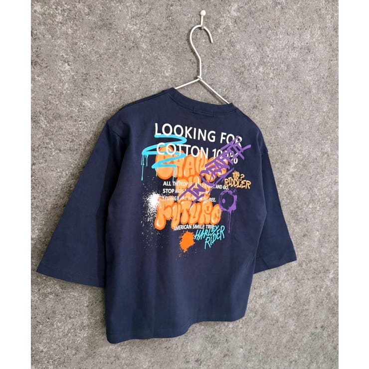 16-15ネイビー/D | オーバーサイズプリントロンT キッズ 長袖Tシャツ | NEXT WALL