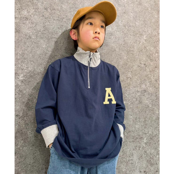 8-7ネイビー/B | オーバーサイズハーフジップロンT キッズ 子供服 | NEXT WALL