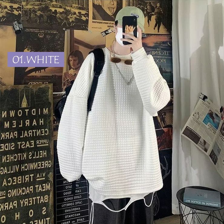ワッフル生地 ロング Tシャツ