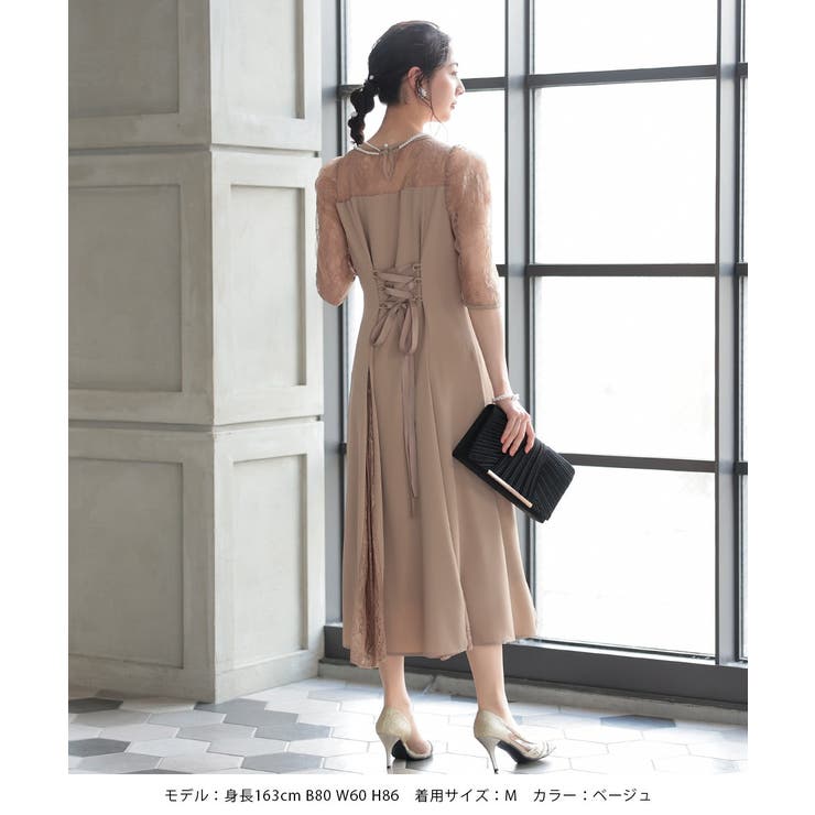 レース切替えミディ丈ドレス レース プリーツ ウエスト調整可 | AUNI | 詳細画像4 