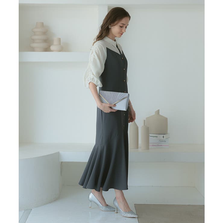 シャツ風ギャザー袖マーメイドドレス シャーリング ウエストリボン | AUNI | 詳細画像13 