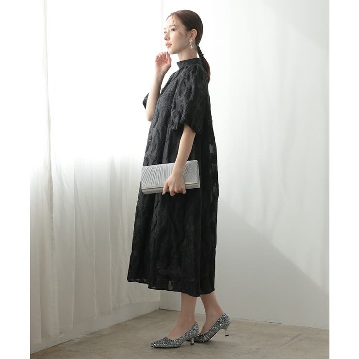 ボリュームスリーブフレアドレス オパール生地 Aライン スタンドカラー | AUNI | 詳細画像2 