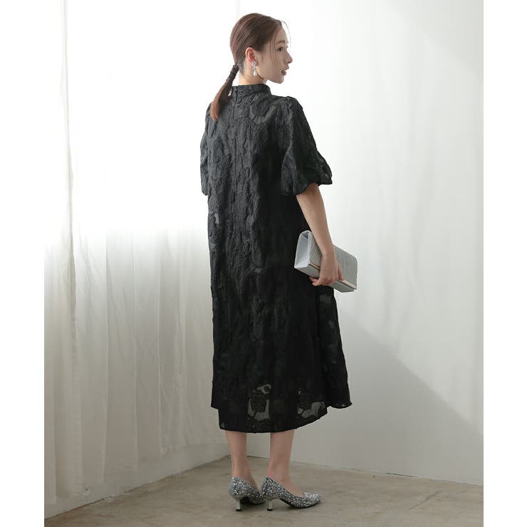 ボリュームスリーブフレアドレス オパール生地 Aライン スタンドカラー | AUNI | 詳細画像3 