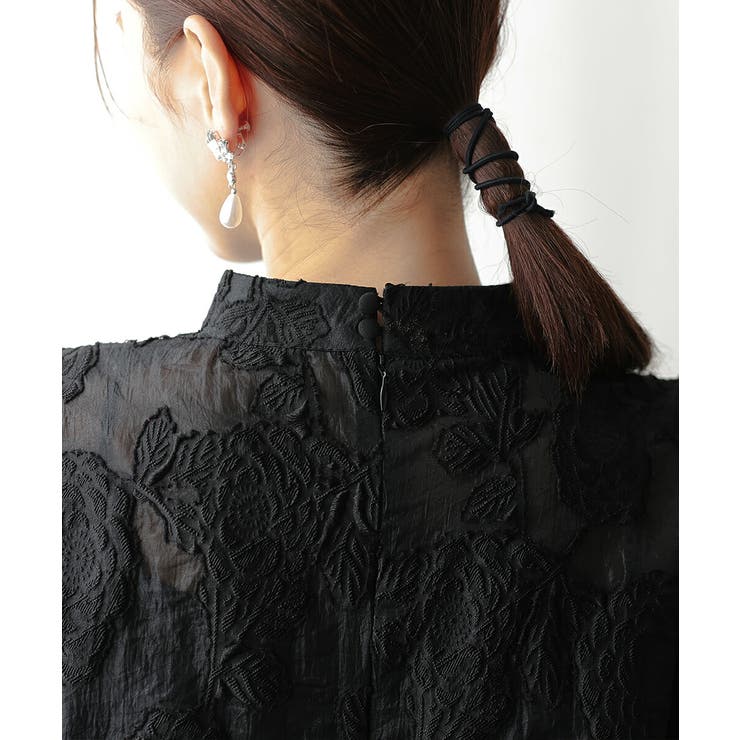 ボリュームスリーブフレアドレス オパール生地 Aライン スタンドカラー | AUNI | 詳細画像5 