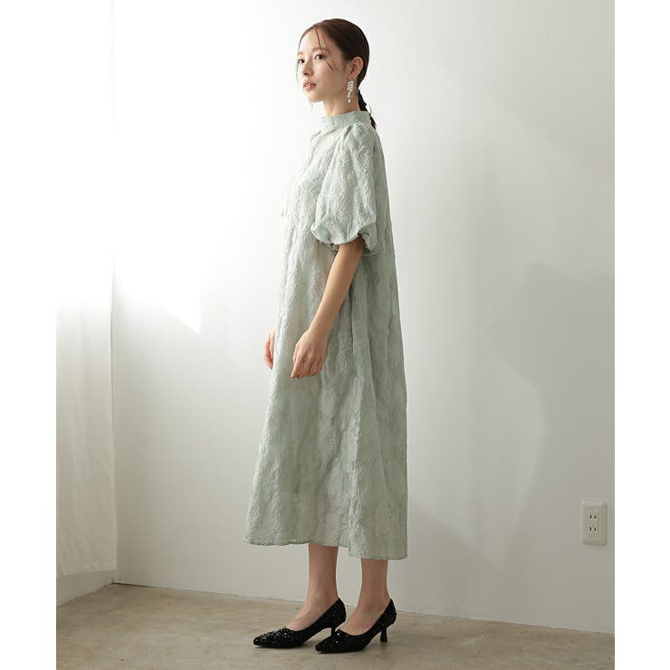 ボリュームスリーブフレアドレス オパール生地 Aライン スタンドカラー | AUNI | 詳細画像10 