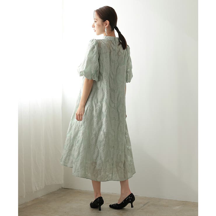 ボリュームスリーブフレアドレス オパール生地 Aライン スタンドカラー | AUNI | 詳細画像11 