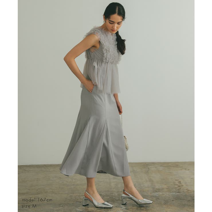 フリルチュールマーメイドドレス ギャザー ペプラム フレンチスリーブ | AUNI | 詳細画像11 