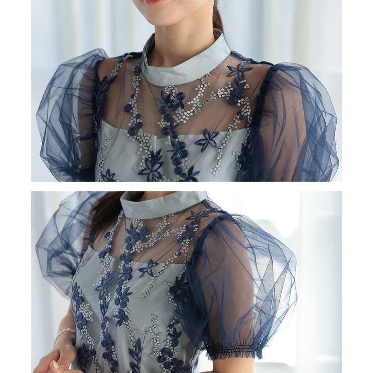 チュールパフスリーブドレス 刺繍 スカラップ スタンドカラー | AUNI | 詳細画像8 