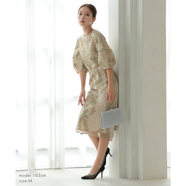 リーフ刺繍デザインコクーンドレス ランタンスリーブ ウエスト調整可 | AUNI | 詳細画像11 