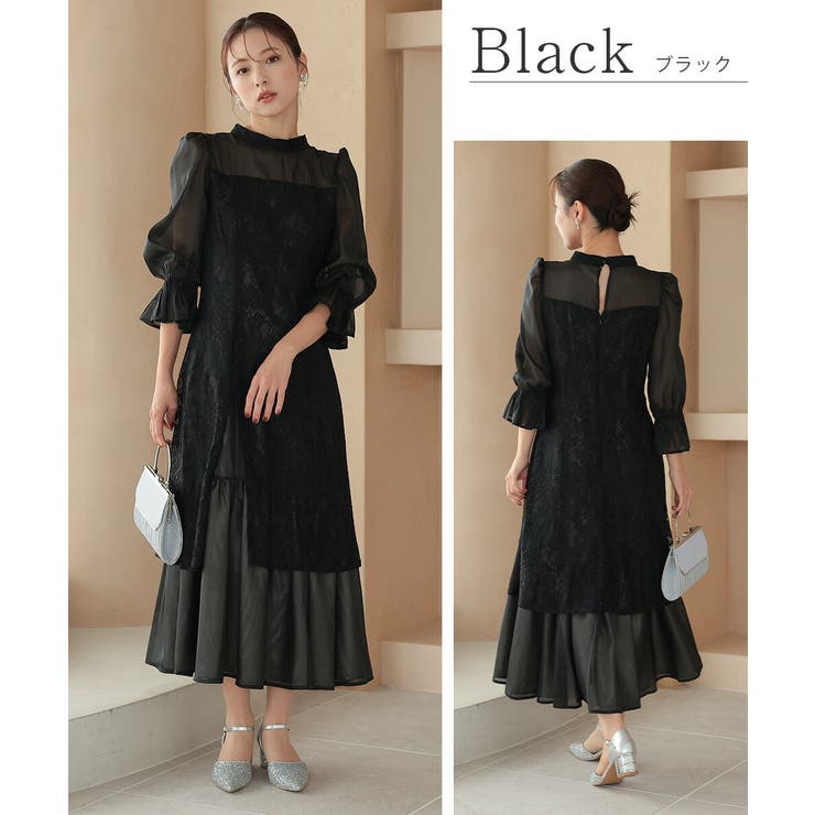 シャーリングスリーブ花柄レースドレス ボトルネック オーガンジー フレア | AUNI | 詳細画像5 