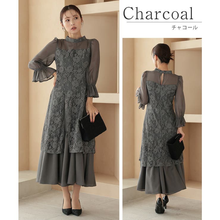 シャーリングスリーブ花柄レースドレス ボトルネック オーガンジー フレア | AUNI | 詳細画像10 