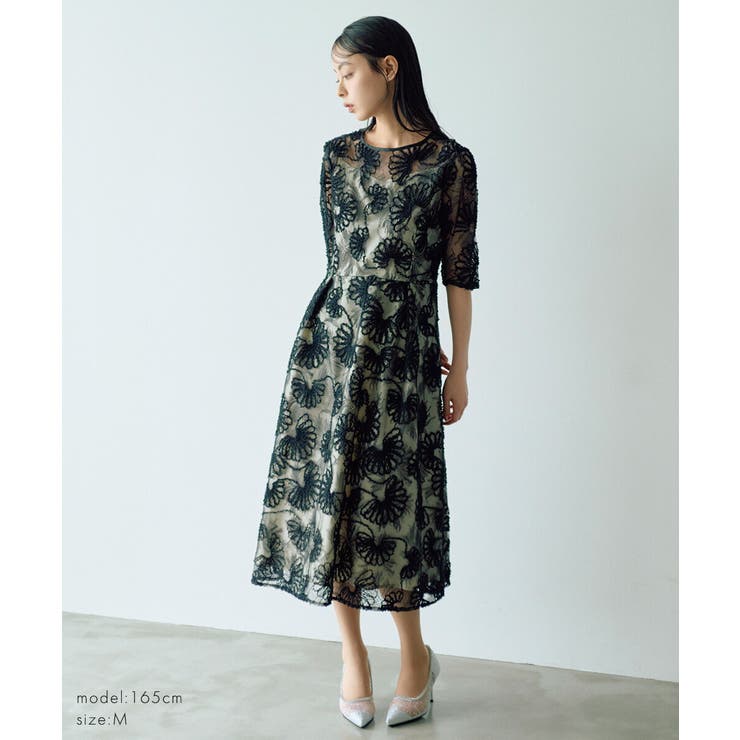 アーチ刺繍レースドレス 花柄 五分袖 オケージョン | AUNI | 詳細画像9 