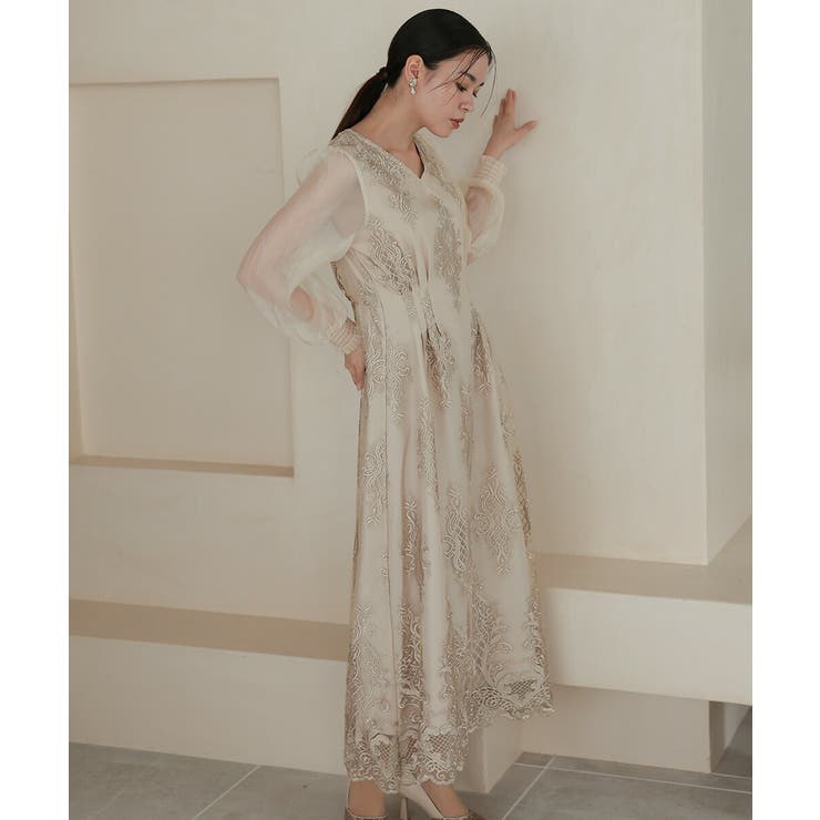 クラシカルエンブロイダリードレス オーガンジー 刺繍 フレア | AUNI | 詳細画像10 