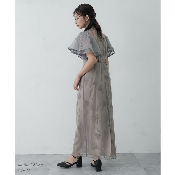 サーキュラースリーブフラワードレス Iライン フロッキー素材 花柄 | AUNI | 詳細画像10 