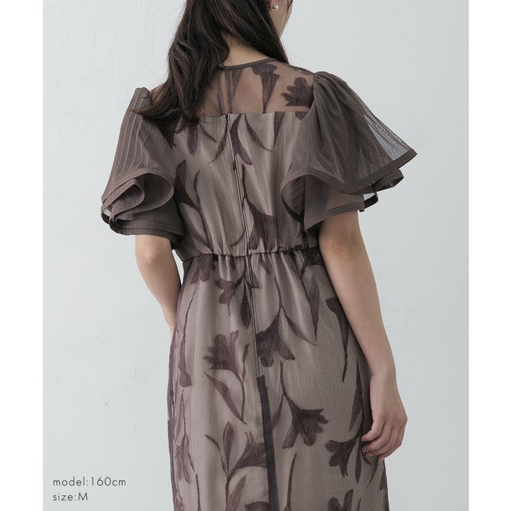 サーキュラースリーブフラワードレス Iライン フロッキー素材 花柄 | AUNI | 詳細画像13 