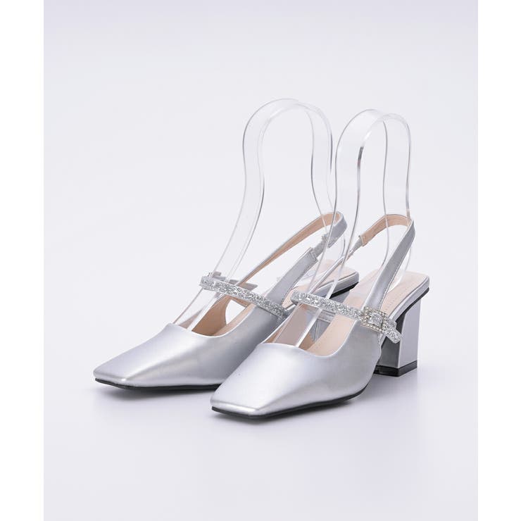 シルバー | グリッターストラップ付きパンプス 6cmヒール スクエアトゥ | AUNI