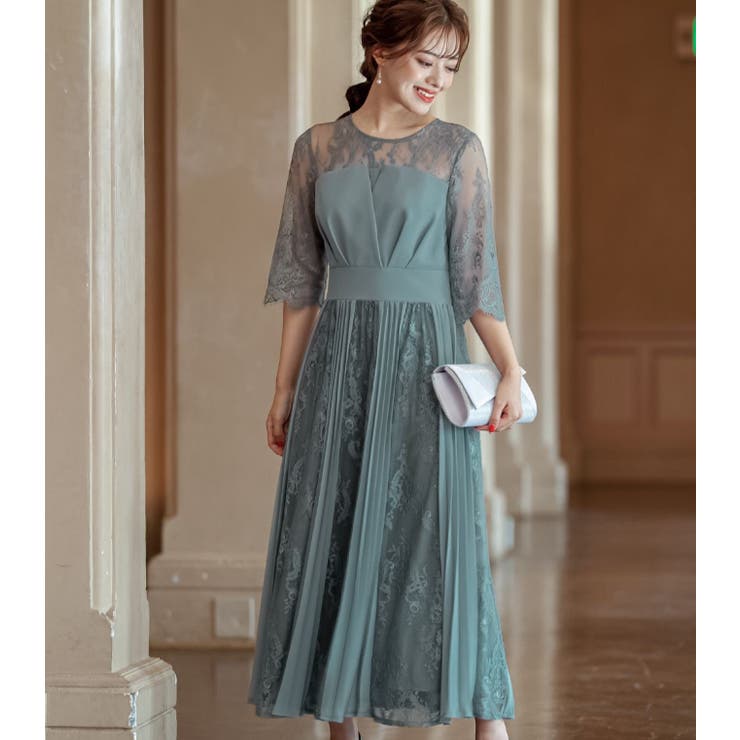 アンティークグリーン | パーティードレス 結婚式 ワンピース ドレス ロングドレス 袖あり レース | AUNI