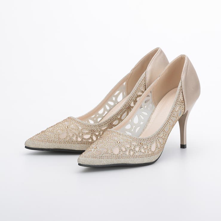 ゴールド | 花柄パンチングカットパンプス 8cmヒール ポインテッドトゥ | AUNI