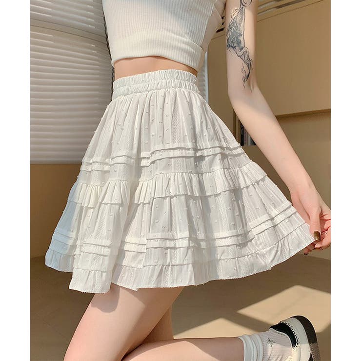 ホワイト | ドット刺繍 フリルレースミニスカート/インナーパンツ付き | Axis