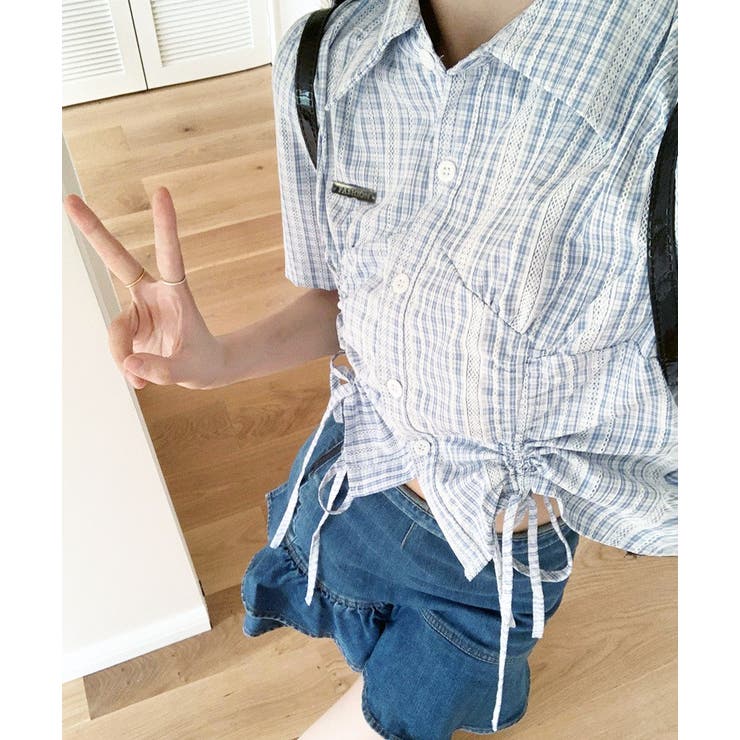 ブルー | ドロストチェックワンポイントクロップドシャツ | Axis