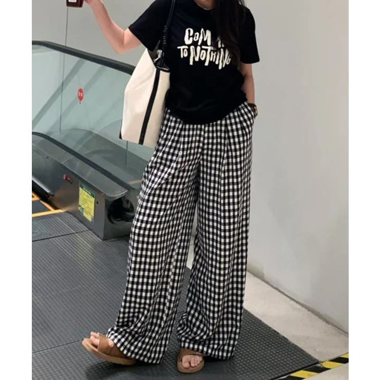 ブラック | ギンガムチェックドロストワイドパンツ | Axis