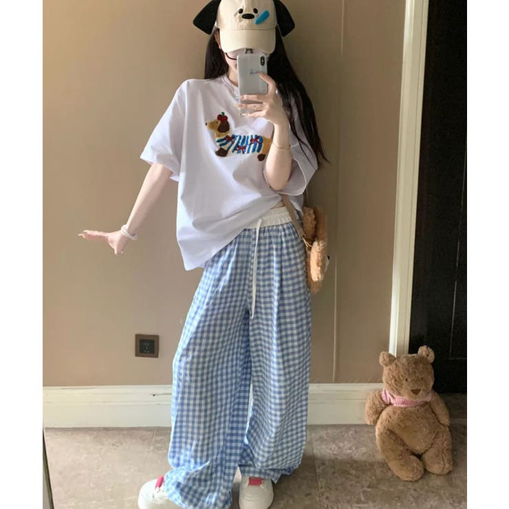 ブルー | ギンガムチェックドロストワイドパンツ | Axis