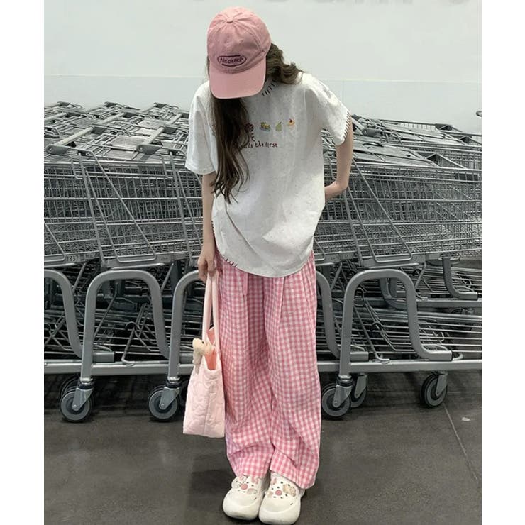ピンク | ギンガムチェックドロストワイドパンツ | Axis