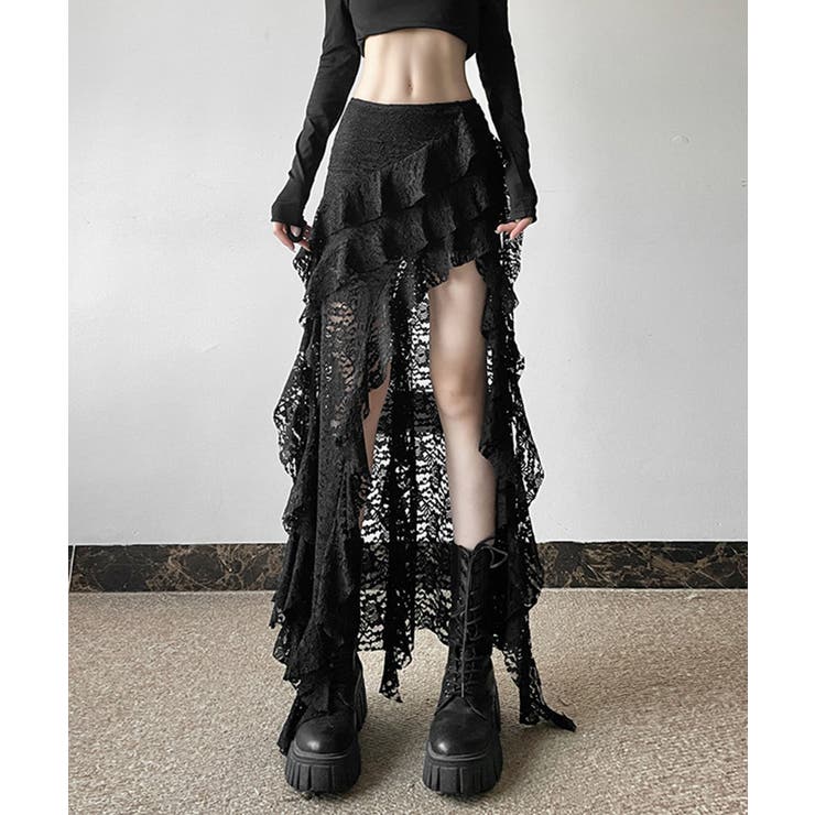 ブラック | アシンメトリー レースロングスカート | Axis
