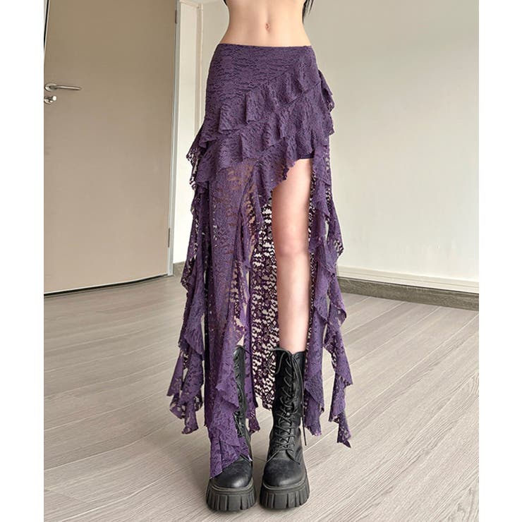パープル | アシンメトリー レースロングスカート | Axis