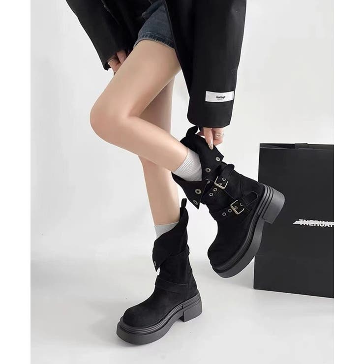 ブラック | ボタン付きフェイクスエード エンジニアブーツ | Axis