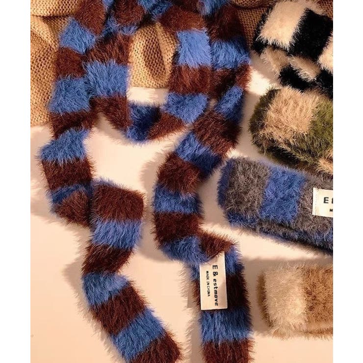 ブルー | ボーダー柄ファーナローマフラー | Axis