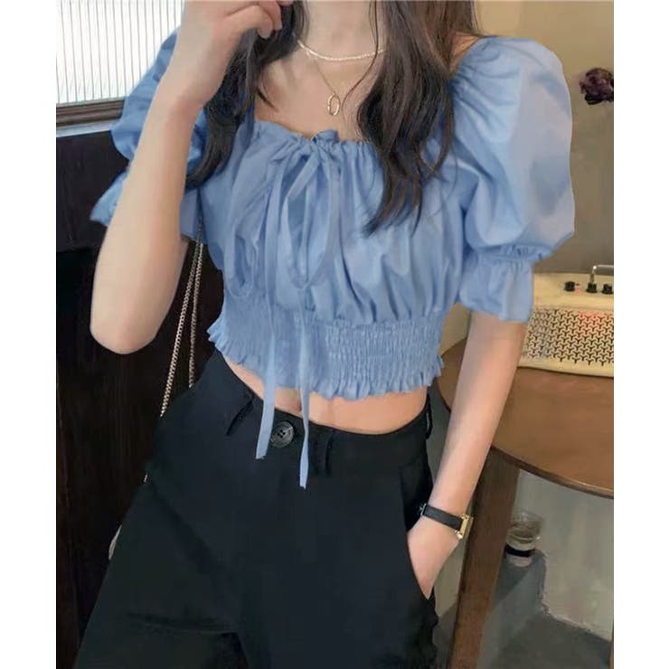 ライトブルー | フロントリボンギャザーパフスリーブ ブラウス | Axis