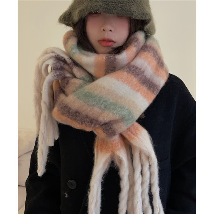 ベージュ系 | アソート フリンジマフラー ソリッド チェック 大判 | Axis