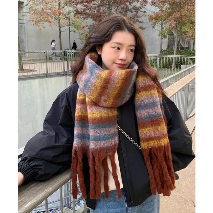 ブラウン系 | アソート フリンジマフラー ソリッド チェック 大判 | Axis