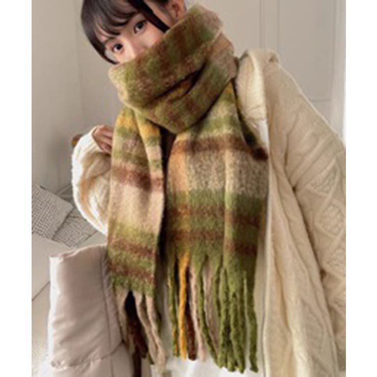 グリーン系 | アソート フリンジマフラー ソリッド チェック 大判 | Axis